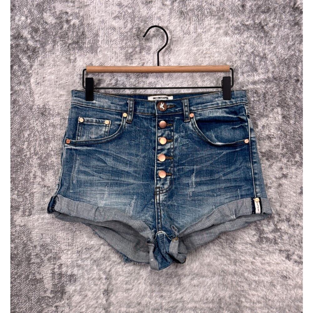 One Teaspoon Blue Distressed High-Rise Button-Fly Jean Shorts